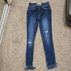 Women's Distressed Blue Jeans with Frayed Hem- Free People